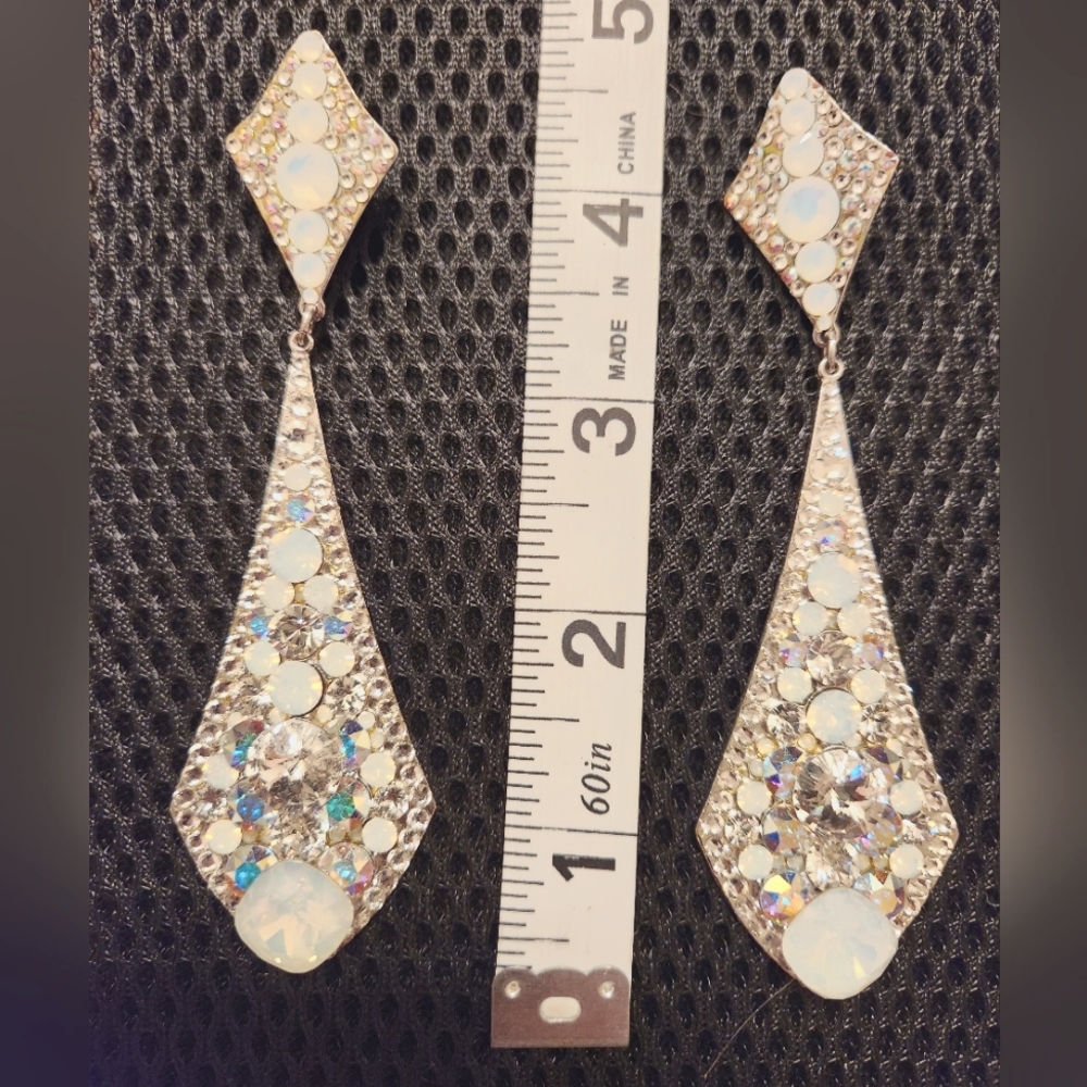Opalescent Teardrop Crystal Earrings in White & Silver